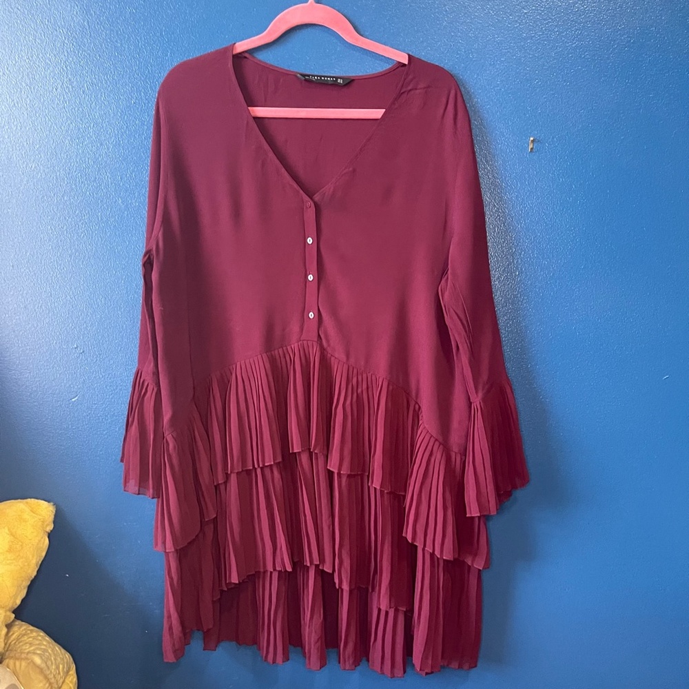 Zara Wine Colored Tunic with Double Ruffle at Sleeves and Hem